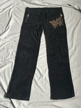 y2k BCBG Black Velour Track Pants with bedazzled Gold butterfly